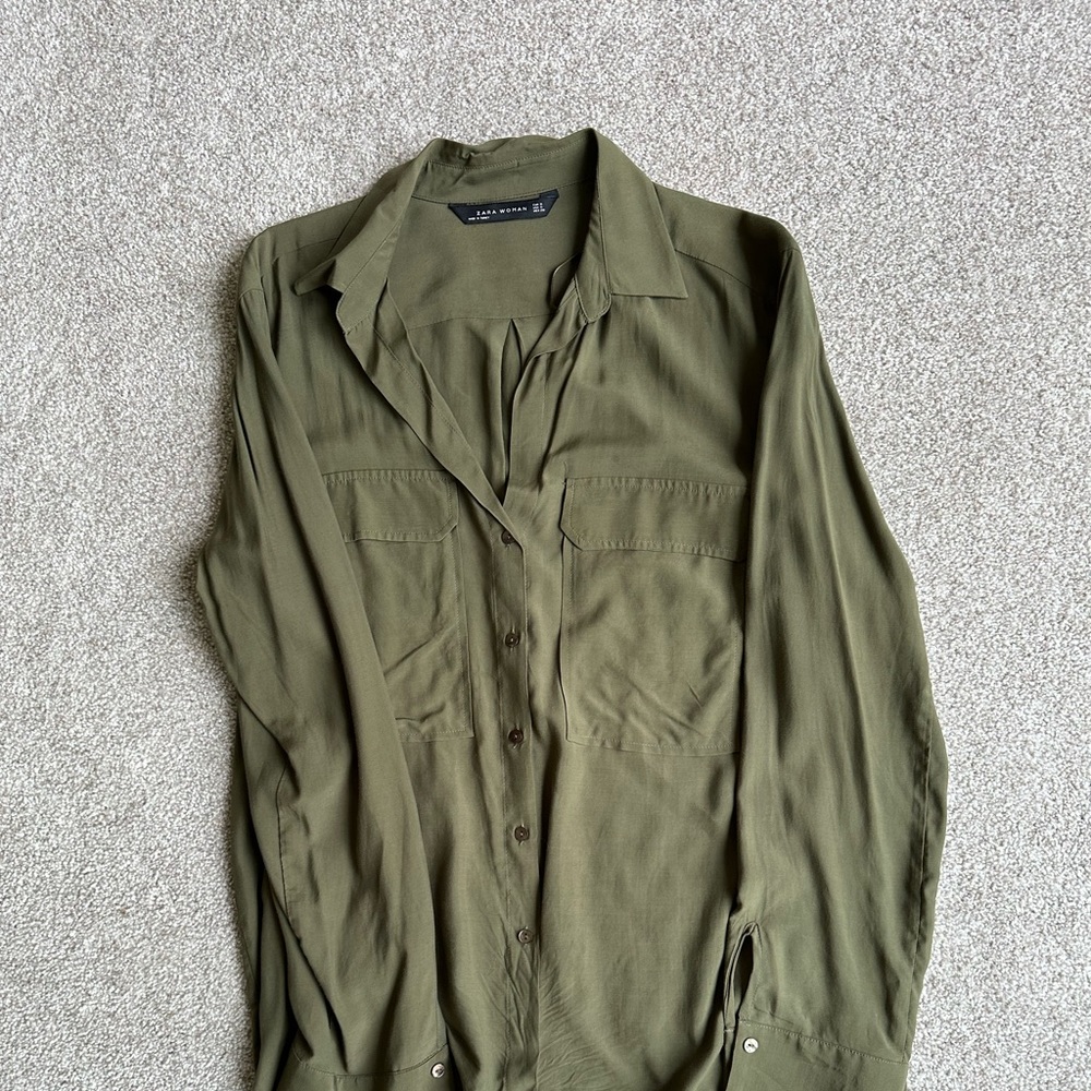 Zara Women 2 button down blouses. Green blue & white stripe. Great condition.